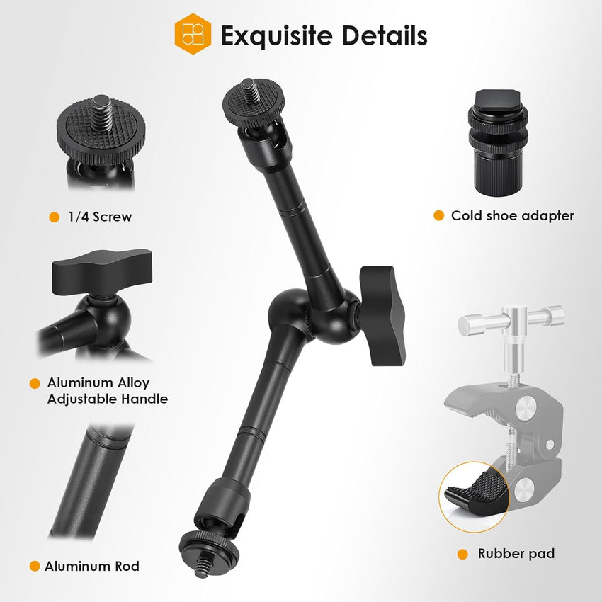 TARION Magic Arm with Super Clamp - Upgraded 11inch/28cm Flexible Camera Articulating Friction Arm Mount & Adjustable Crab Clamp with 1/4" 3/8" Thread Screw for LCD Monitor LED Lights Action Camera