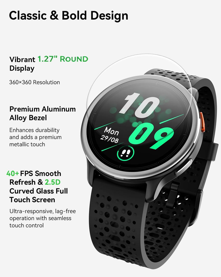 Smartwatch 1.27in Round Touch Answer/Make Calls Heart Rate Monitor for Men & Women Black