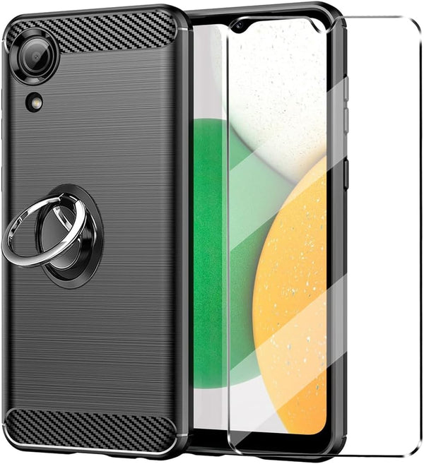 3-in-1 Case with Tempered Glass with Phone holder Ring for Samsung Galaxy A03 Core Case Screen Protector for Samsung Galaxy A03 Core, Slim Fit Soft TPU Shockproof Anti-Scratch Phone Case Cover - Black