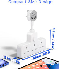 LIPWEL Plug Extension Socket 3 Way Multi Plug Adapter UK Multiplug Socket Extension Lead Surge Protected 1000J Heavy Duty 13A Power Strip Main Switch, Rotating Connector, White