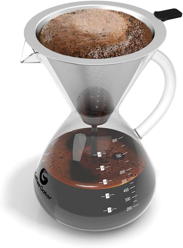 Coffee Gator Pour Over Coffee Maker Stainless Steel Filter & Glass Dripper - Paperless Hand-Drip Brewer - Eco Friendly - Kitchen & Housewarming Gifts - 800ml