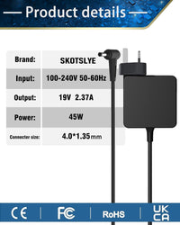 SKOTSLYE 45W Laptop Charger Compatible with ASUS VivoBook E203M E406M E410M X540L X553M X553S X556U X540LA X540UA X556UA X540SA Zenbook UX303U UX305 4.0mm*1.35mm Only Not Fit 5.0mm 3.0mm Type-c