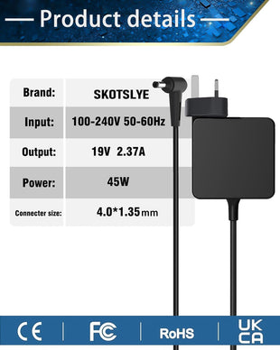 SKOTSLYE 45W Laptop Charger Compatible with ASUS VivoBook E203M E406M E410M X540L X553M X553S X556U X540LA X540UA X556UA X540SA Zenbook UX303U UX305 4.0mm*1.35mm Only Not Fit 5.0mm 3.0mm Type-c