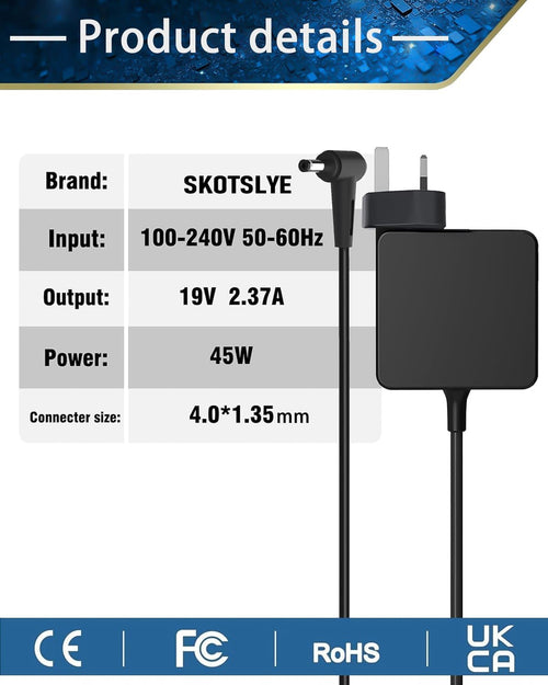 SKOTSLYE 45W Laptop Charger Compatible with ASUS VivoBook E203M E406M E410M X540L X553M X553S X556U X540LA X540UA X556UA X540SA Zenbook UX303U UX305 4.0mm*1.35mm Only Not Fit 5.0mm 3.0mm Type-c