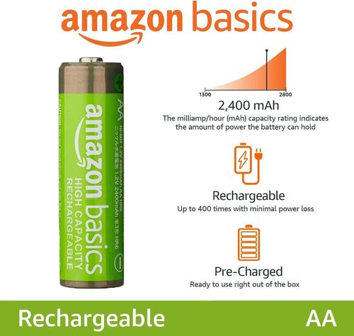 Amazon Basics 8-Pack Rechargeable AA NiMH High-Capacity Batteries, 2400 mAh, 1.2V, Recharge up to 400x Times, Pre-Charged