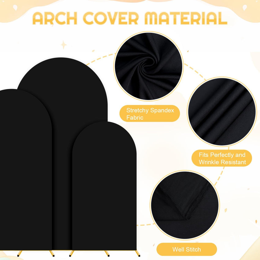 3-Piece Metal Arch Backdrop Stands with Gold Frames & Black Covers 6ft/5ft/4ft Black 3pcs