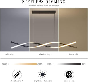 Mikeru 120CM Wave Pendant Light, Black Creative LED Dining Lights 3000/4500/6000K Dimmable 10% to 100% Pool Table Lighting Adjustable Kitchen Island Lamp for Living Room, Bedroom