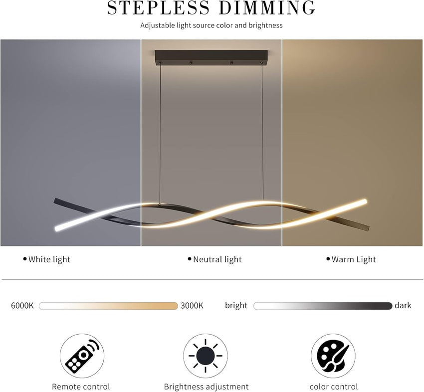 Mikeru 120CM Wave Pendant Light, Black Creative LED Dining Lights 3000/4500/6000K Dimmable 10% to 100% Pool Table Lighting Adjustable Kitchen Island Lamp for Living Room, Bedroom