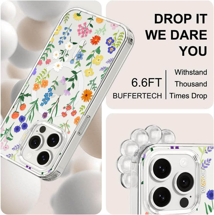 MOSNOVO Case for iPhone 15 Pro Max, [Buffertech 6.6ft Military-Grade Drop Protection] [Anti Peel Off Tech] Clear TPU Bumper Phone Case Cover Design - Botanical Floral