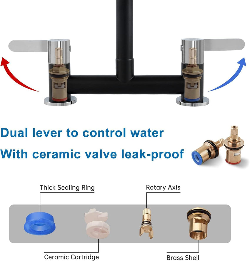 Kitchen Mixer Tap Dual Lever 360Â° Aerator Swivel Monobloc 2-Hole G1/2 Hose â Black 180mm