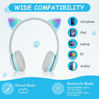 AXFEE Bluetooth Kids Headphones, LED Light Up Cat Ear Wired/Wireless Headphone, HD Stereo Sound, Foldable Children Headphone for PC Phone Ipad Study Travel School, Suitable for Girls Boys Gift (Blue)