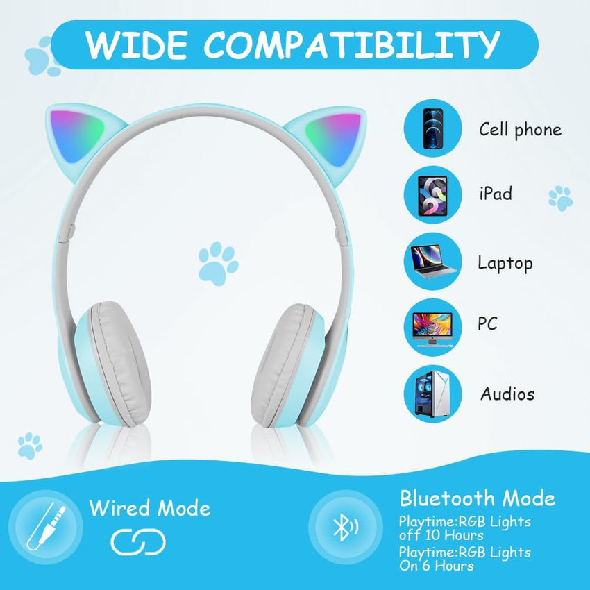 AXFEE Bluetooth Kids Headphones, LED Light Up Cat Ear Wired/Wireless Headphone, HD Stereo Sound, Foldable Children Headphone for PC Phone Ipad Study Travel School, Suitable for Girls Boys Gift (Blue)