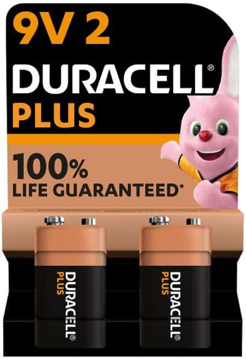 Duracell Plus 9V Batteries (2 Pack) - Alkaline - 100% Life Guaranteed - Reliability For Everyday Devices - 0% Plastic Packaging - 5-Year Storage - 6LR61 MN1604