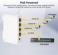 YuLinca 4 Port Gigabit PoE Extender with 1 PoE in 3 PoE Out, IEEE 802.3 af/at 30W PoE Repeater with 10/100/1000Mbps, Wall and Din Rail Mount PoE Passthrough Switch