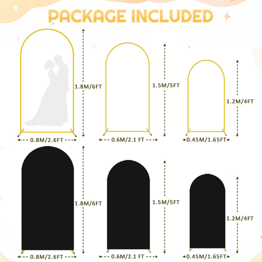 3-Piece Metal Arch Backdrop Stands with Gold Frames & Black Covers 6ft/5ft/4ft Black 3pcs