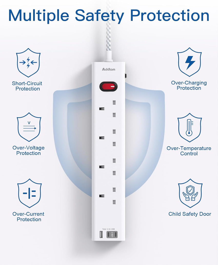 Extension Lead with 3 USB Slots(2 USB C), 4 Way Plug Extension Socket, 1.8M Wall Mount Socket Extension Cable, Multiplug Power Strip for Home, Office, School Supplies