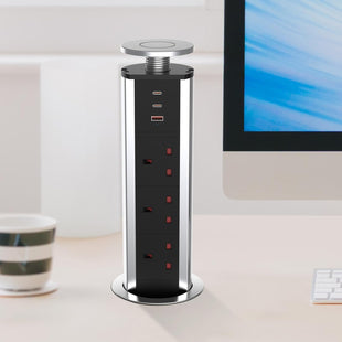 CURUK Pop Up Sockets for Kitchen Worktops SOME DAMAGE with 3 USB Ports(2 Type C and 1 USB-A), 3 Plug Extension Recessed Desk Power Socket with 1.8M Cable for Home, Office - Silver