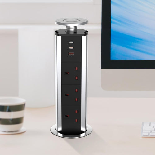CURUK Pop Up Sockets for Kitchen Worktops SOME DAMAGE with 3 USB Ports(2 Type C and 1 USB-A), 3 Plug Extension Recessed Desk Power Socket with 1.8M Cable for Home, Office - Silver