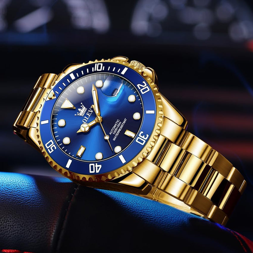 Men's Automatic Watch Big Stainless Steel Case Date Display Blue/Gold