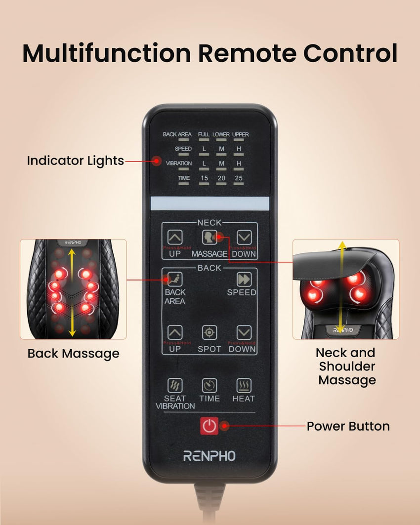 RENPHO Back Massager with Heat, Shiatsu Massage Chair, Full Back Massager Deep Tissue Kneading, Massager Seat Vibration, Height Adjustable Use at Home & Office