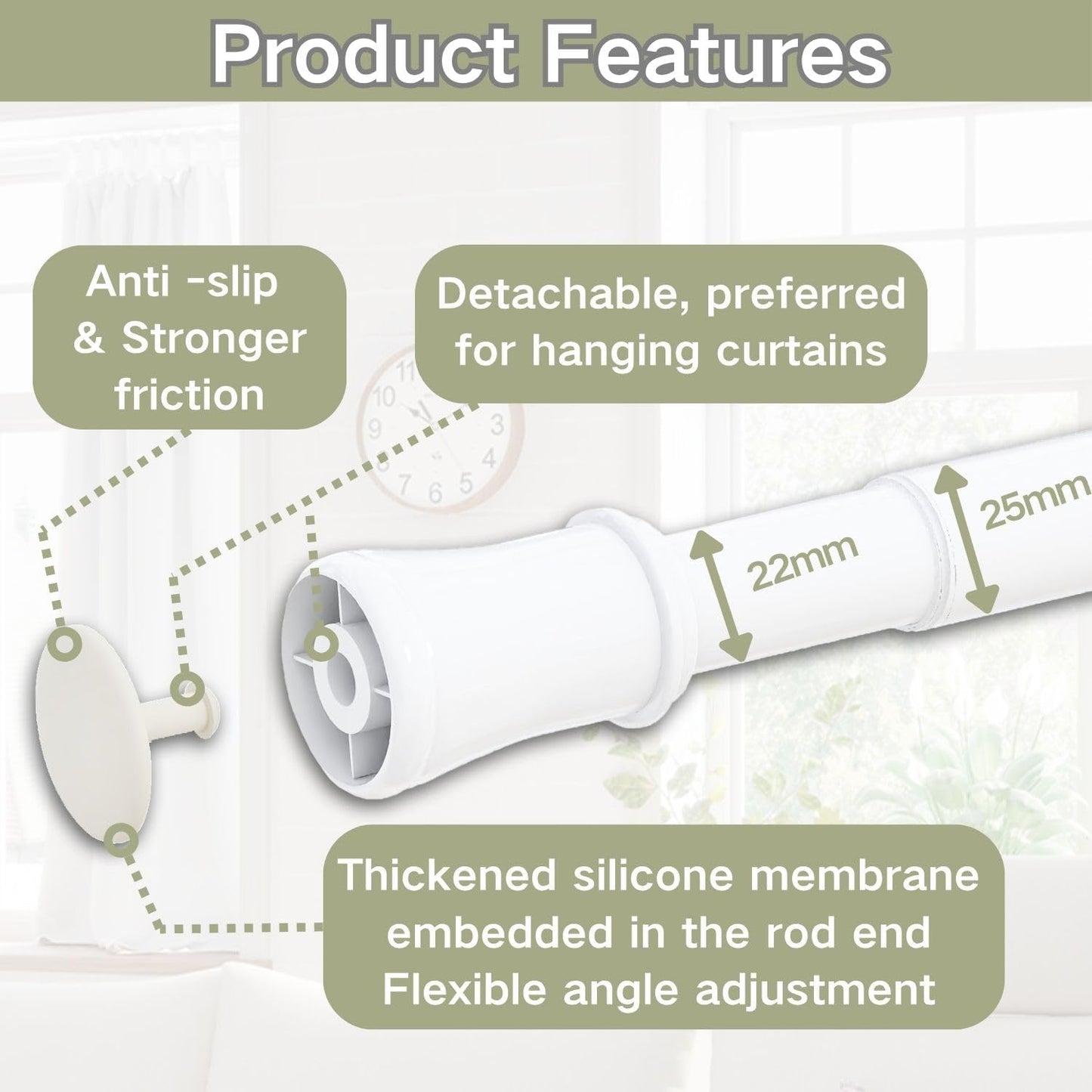 1PC Extendable Curtain Tension Pole No Drill Telescopic Shower Curtain Pole Adjustable Shower Curtain Rail for Eyelet Curtains, Bathroom, Bedroom (170-260CM/67-103Inc, White)