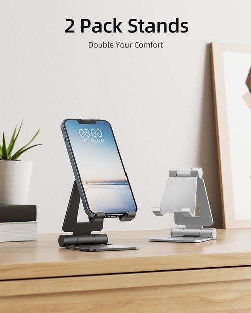 Nulaxy 2 Pack Dual Folding Phone Stand, Fully Adjustable Desktop Mobile Holder Dock Aluminum, Compatible with iPhone 17 16 15 14 13 12 11 Xs Xr X 8, HUAWEI, Galaxy, All Smartphones, Black & Silver