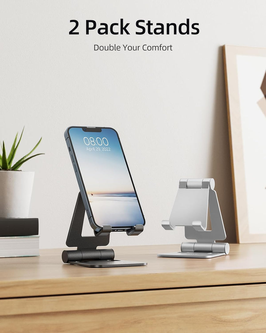 Nulaxy 2 Pack Dual Folding Phone Stand, Fully Adjustable Desktop Mobile Holder Dock Aluminum, Compatible with iPhone 17 16 15 14 13 12 11 Xs Xr X 8, HUAWEI, Galaxy, All Smartphones, Black & Silver