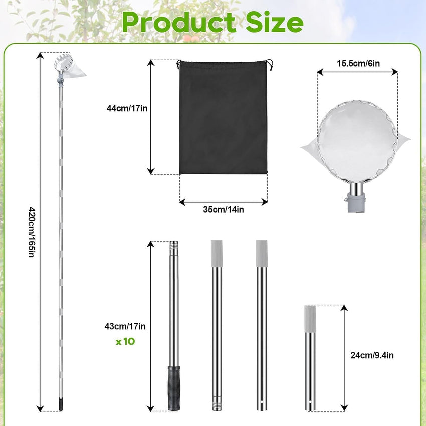 4.2M Apple Picker with Telescopic Handle, Fruit Picker Tool with Basket, Adjustable Head, Lightweight Apple Tree Picker Tool, Easy to Assemble, Aluminium Pole & Fabric Bag for Easy Harvesting