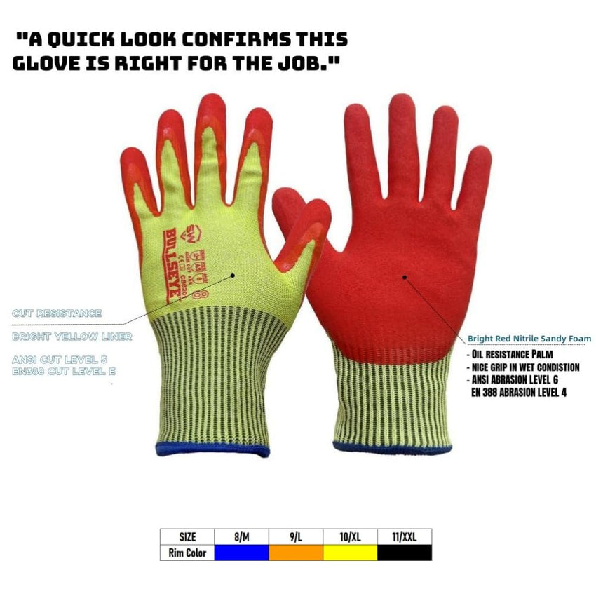 Cut-Resistant Work Gloves Nitrile Palm Enhanced Grip Red/Hi Vis Yellow L 2pc
