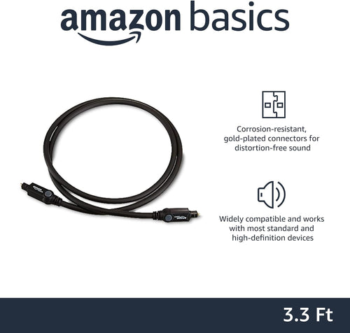 Amazon Basics Toslink Digital Optical Audio Cable, Multi-Channel, Sound Bar, Home Theatre, Gold-Plated Connectors, 1 m, Black