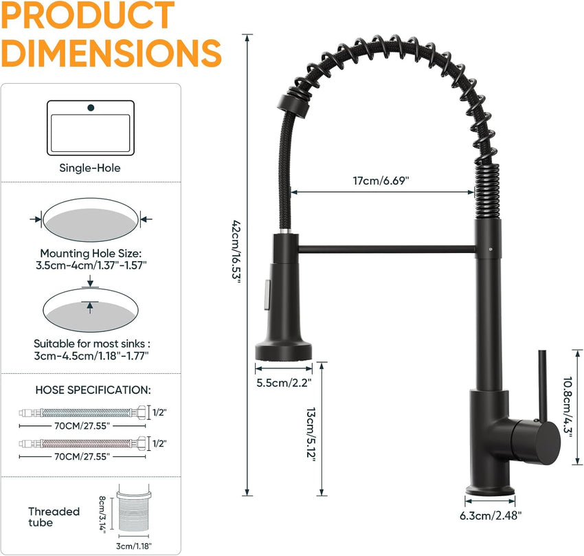 BESy Matte Black Kitchen Sink Tap, 2 Function Kitchen Sink Mixer Taps with Pull Out Spray, Brass High-Arc 360ÃÂ° Swivel Single Handle Spring Rv Kitchen Taps