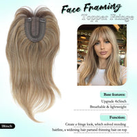 Fine Plus 18 Inch 360Â° Hair Topper with Fringe, Fluffy Wispy Fringe Blends Naturally Synthetic Hair Clips With 4"x5" Base Hairpieces for Women Daily Use & Parties (Dark Blonde with Dark Root)