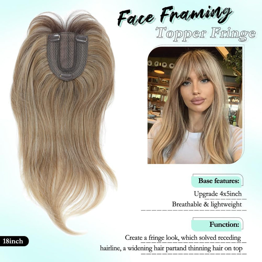 Fine Plus 18 Inch 360Â° Hair Topper with Fringe, Fluffy Wispy Fringe Blends Naturally Synthetic Hair Clips With 4"x5" Base Hairpieces for Women Daily Use & Parties (Dark Blonde with Dark Root)