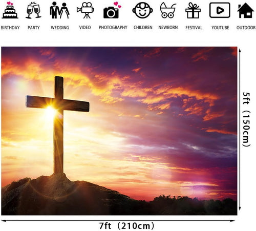 LTDKAEN 7x5ft Cross Jesus Christ Sunset Backdrop Church Party Decoration Easter Religious Belief Studio Photo Props