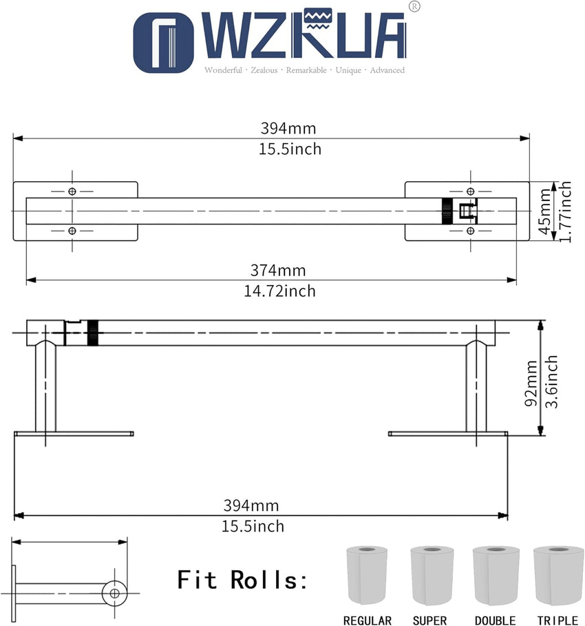 WZRUA Kitchen Roll Holder Under Cabinet, Self Adhesive or Wall Mounted Paper Holder, Brushed Nickel Double Post Pivoting Stainless Steel Kitchen Roll Holder (Square Base)