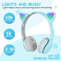 AXFEE Bluetooth Kids Headphones, LED Light Up Cat Ear Wired/Wireless Headphone, HD Stereo Sound, Foldable Children Headphone for PC Phone Ipad Study Travel School, Suitable for Girls Boys Gift (Blue)