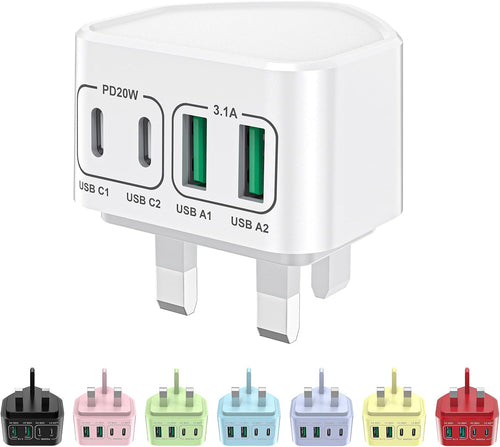 USB C Plug UK, 40W 4-Port USBC Plug Fast Charge Multi Charger Plug Dual PD Power Adapter +QC Wall Charger Head Multiport Type C Charging Plug for iPhone 17 16 15 14 13 12 11 Pro Max, Samsung, iPad
