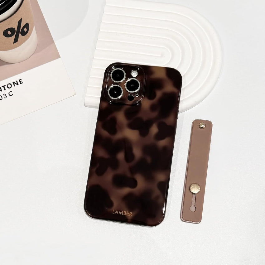 NITITOP Compatible with iPhone 15 Pro Case Cute Leopard Print Brown Amber Tortoise Design for Women Girls Men with Wrist Adjustable Hand Strap Kickstand Aesthetic Protective Cover - Brown