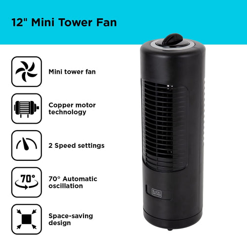 BLACK+DECKER Mini Tower Fan Low Noise 2 Speeds 12-inch 18W â Black
