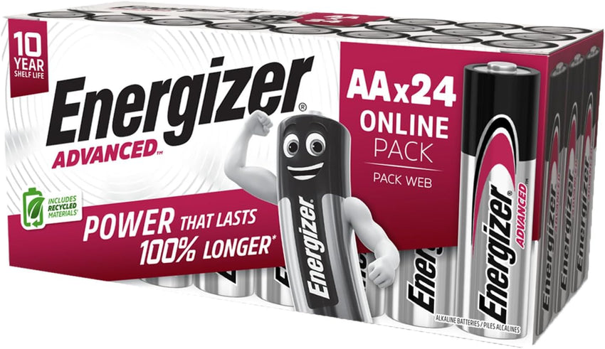 Energizer Advanced - AA Batteries (24 Pack) - Double A Battery 1.5V - Up To 100% Longer Lasting - Ideal for High-Drain Devices - 0% Plastic Packaging - 10 Year Shelf Life [Amazon Exclusive]