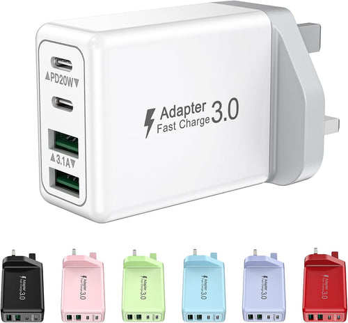 USB C Plug Fast Charge, 40W 4-Port Multi USBC Plug UK Dual PD Power Adapter +QC Multiport Wall Charger Head Mains Type C Fast Charging Plug for iPhone 17 16 15 14 13 12 11 Pro Max Plus, Samsung, iPad