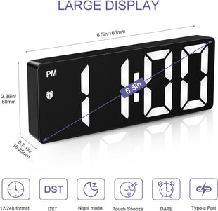OQIMAX Digital Alarm Clock INCLUDING BATTERIES, 6.5" Large Display Alarm Clocks Bedside, Type-C/Battery Powered Digital Clocks Bedside with Snooze, Date, Alarm Clock with 5 Levels Brightness, DST Function, for Bedroom