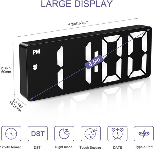 OQIMAX Digital Alarm Clock INCLUDING BATTERIES, 6.5" Large Display Alarm Clocks Bedside, Type-C/Battery Powered Digital Clocks Bedside with Snooze, Date, Alarm Clock with 5 Levels Brightness, DST Function, for Bedroom