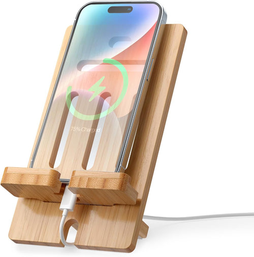 Pezin & Hulin Bamboo Cell Phone Tablet Stand-Natural Bamboo | Wooden Smart Phone Desktop Charging Dock Holder Compatible with Pad, All Android Cellphone, Tablet - 1 Pack