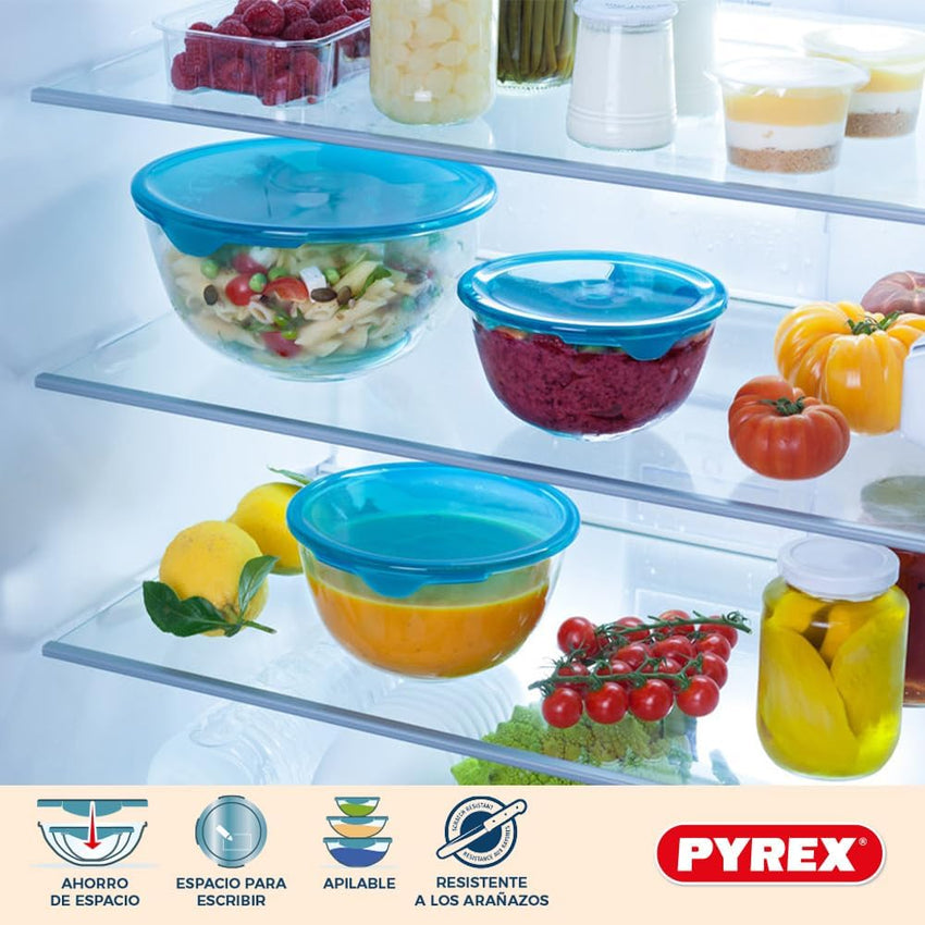 PyrexÂ® - Prep & Store - Set of 3 Heavy Duty Glass Bowls with Lids (0.5L - 1L - 2L) - BPA Free