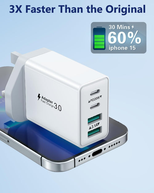 USB C Plug Fast Charge, 40W Multi USB Plug UK Fast Charger Plug 4-Port Dual Port 20W USBC Power Adapter+QC Wall Charger Head Type C Charging Plug for iPhone 17 16 15 14 13 12 11 Pro Max,iPad,Samsung