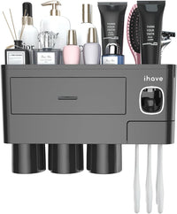 iHave Toothbrush Holders for Bathroom Storage, 3 Cups Toothbrush Holder Wall Mounted with Automatic Toothpaste Dispenser, Large Capacity Tooth Brush Holder Bathroom Accessories Set