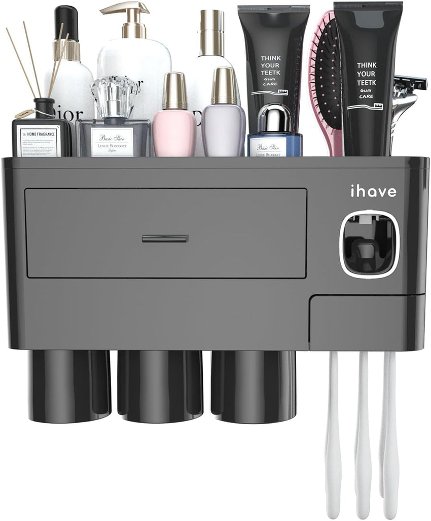 iHave Toothbrush Holders for Bathroom Storage, 3 Cups Toothbrush Holder Wall Mounted with Automatic Toothpaste Dispenser, Large Capacity Tooth Brush Holder Bathroom Accessories Set