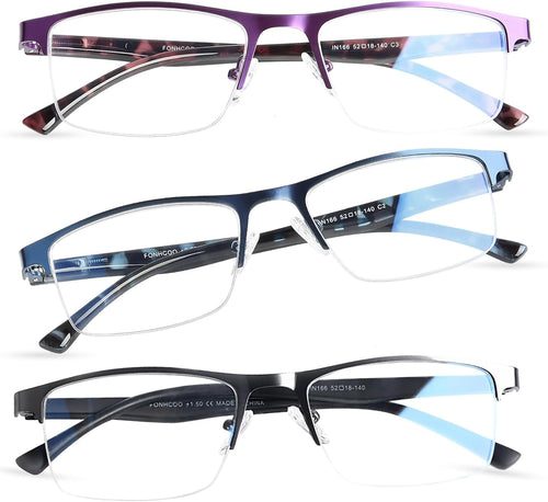 FONHCOO Reading Glasses for Women Men, Blue Light Blocking Reading Glasses Metal Half Frame Computer Readers Anti UV/Glare/Eyestrain (Purple Blue Grey 3.0)