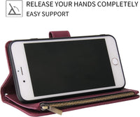QLTYPRI Case for iPhone 7/8/SE 2020/SE 2022 5G, Large Capacity Leather Wallet Case 6 Card Holder & 1 Zipper Pocket Kickstand Wrist Strap Magnetic Case for iPhone SE 2022/SE 2020/8/7 - Red